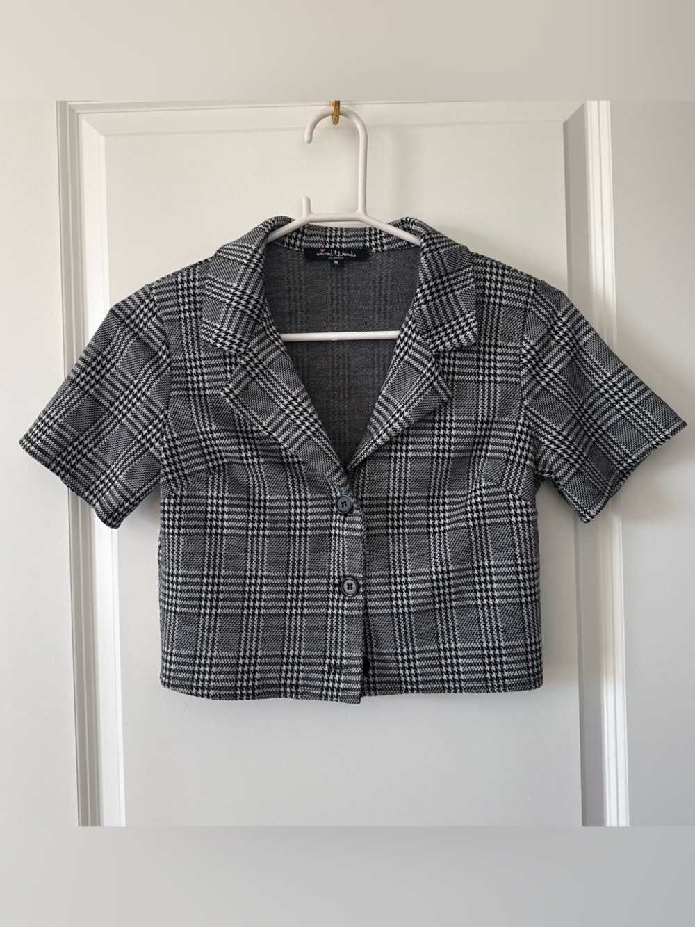 Checked Short-Sleeve Cropped Blazer Jacket - Black & White